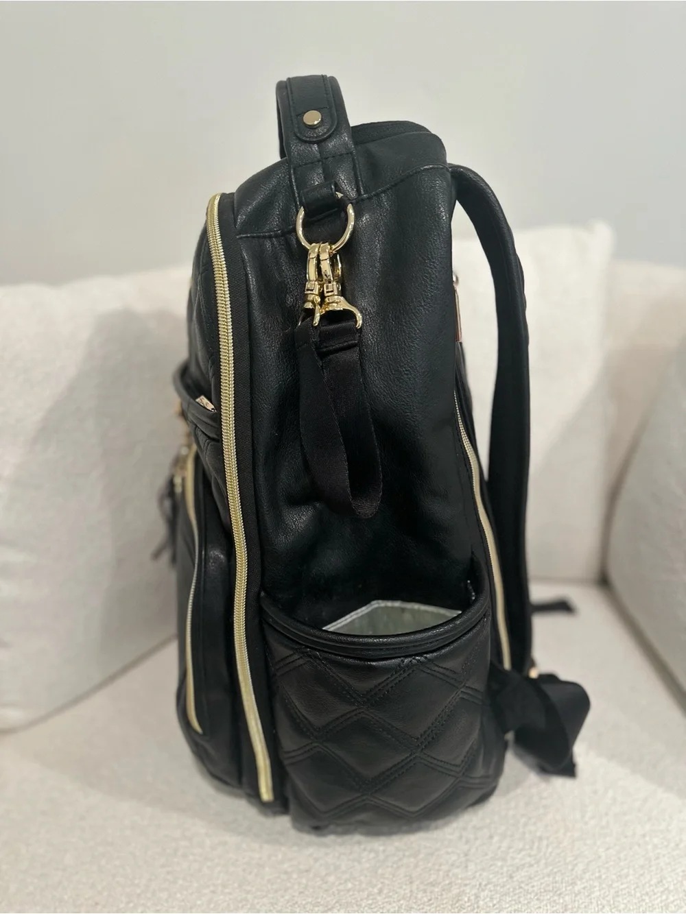Itzy Ritzy Boss Black Quilted Diaper Bag Backpack Gold Hardware